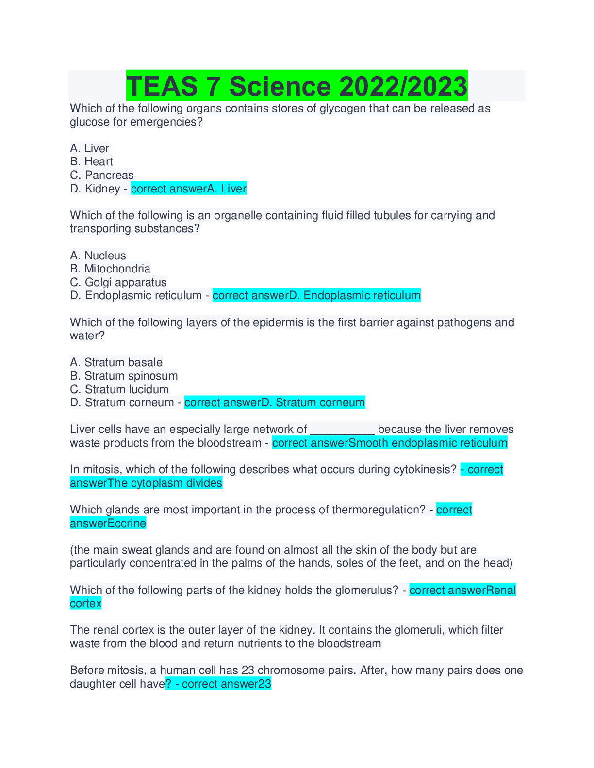 Preview of TEAS 7 Science 2022/2023